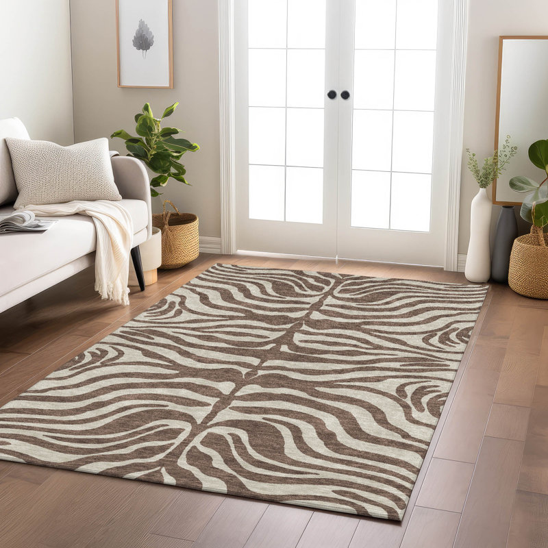 Brown and Beige Zebra Print Washable Synthetic Area Rug