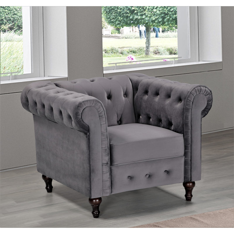 Shahan Upholstered Chesterfield Chair, Gray Velvet