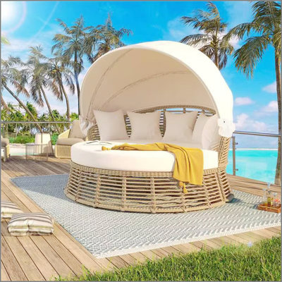 Outdoor Patio Rattan Round Daybed with Retractable Canopy, Wicker Furniture Round Poolside Sofa Sunbed with Removable Cushions, Backyard, Porch, Beige
