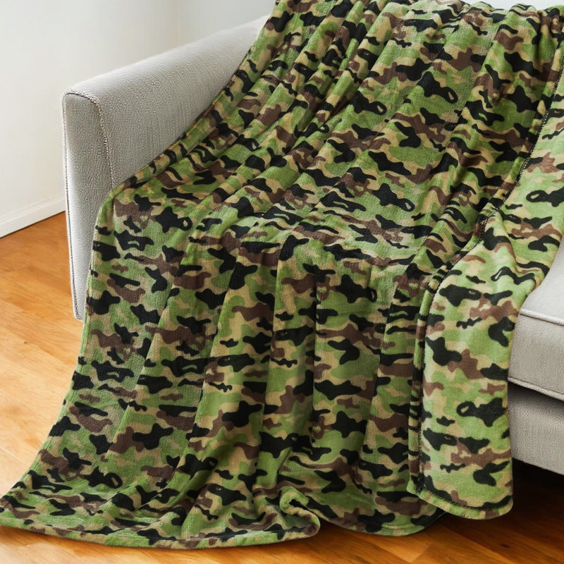 50" X 60" Green and Black Velvet Camouflage Plush Throw Blanket