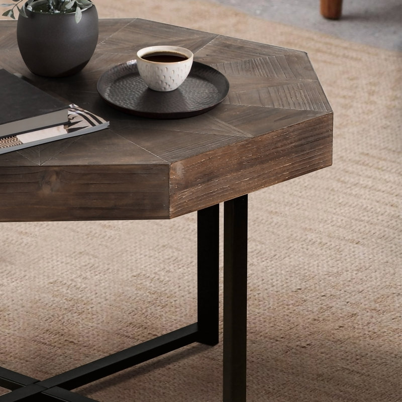 Table basse en bois octogonale rétro avec patchwork artisanal 30 pouces, Brun antique