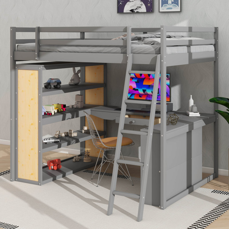 Full Size Wooden Loft Bed Frame With Desk, Large Shelving & Ladder – Multifunctional Design, Grey
