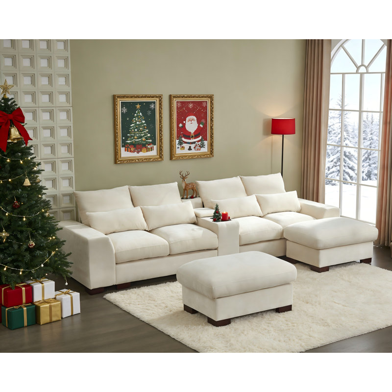 6-Seat Module Sectional Chenille Fabric Sofa With Console&Ottoman, Beige Chenille