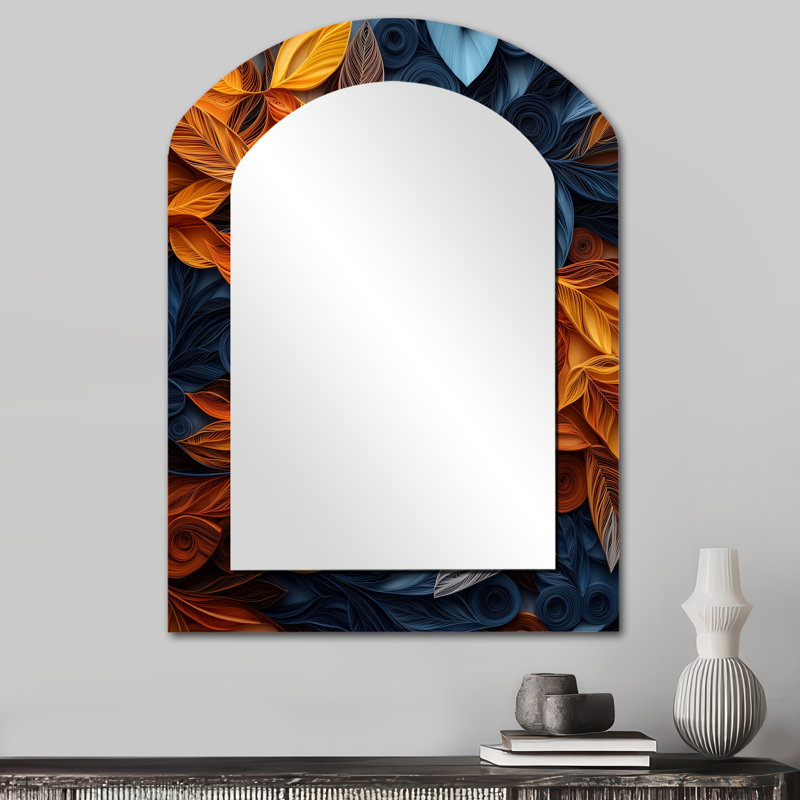 White Floral Botanical Whirlwind II - Botanicals Asymmetrical Large Wall Mirror, Modern Arch Unique Mirror, Printed Metal Art