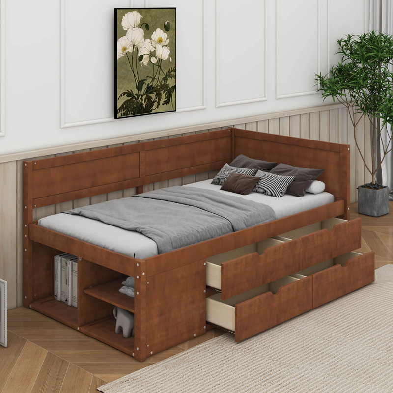 Lit de jour avec tiroirs et tablettes, Noyer, Lit simple