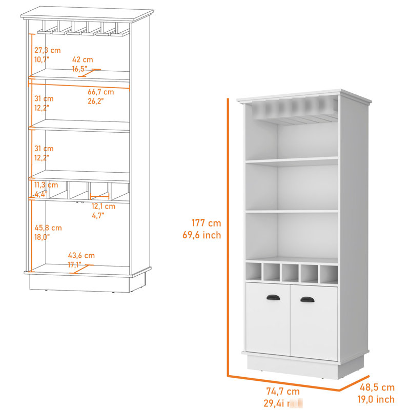Meuble-bar blanc actualisé pour un rangement efficace - 3 tablettes, 5 bouteilles, verrerie moderne avec affichage des caractéristiques pratiques