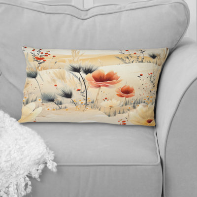Beige Meadow Flowers Boho Pattern III - Floral Printed Pillow