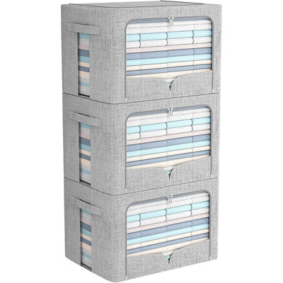 3 Pack Clothes Storage Bins Foldable Metal Frame Storage Box Stackable Linen Fabric Organizer Set With Carrying Handles And Clear Window