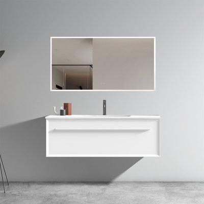 U051-Nevia48w-156 Meuble-lavabo blanc mat 48 po Nevia avec lavabo à surface solide blanc, meuble-lavabo mural flottant