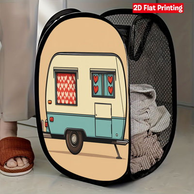 Sac de rangement en plastique, joli imprimé de camping-car, panier à linge pliable en filet, grande capacité, avec poignées de transport, linge portable