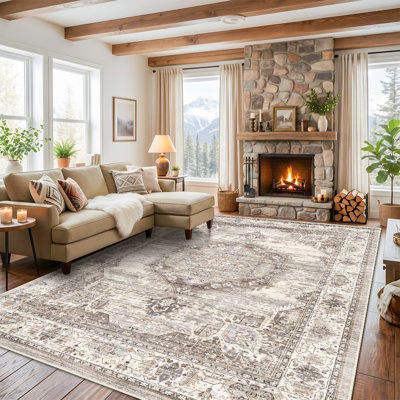 Wide Hallway Runner Rug: Vintage Washable Soft Rugs for Living Room Bedroom Water Resistant Carpet with Non-Slip Backing for Entry Kitchen Dining Room Thin Nursery Bathroom Floor Mat(Beige)
