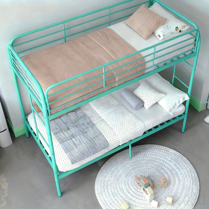 Lit superposé en métal simple au-dessus de simple, lits superposés robustes avec 2 échelles et garde-corps double, lit en fer pour l'école, chambre à coucher facile à assembler, Greem