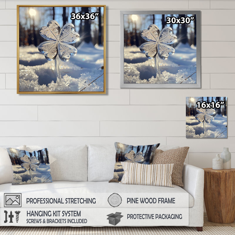 «Icey Four-Leaf Clover Snow Landscape - Leaves», art mural, Toile avec cadre flottant noir, H 16 po x l 16 po x P 1 po