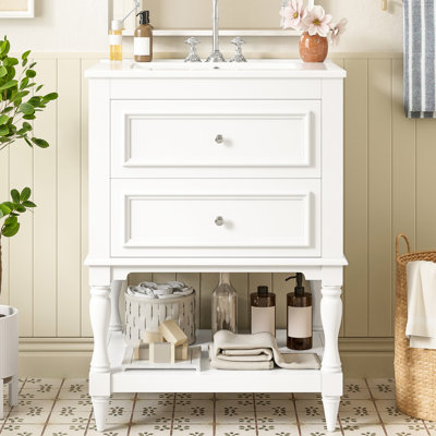 Meuble-lavabo de 24 po avec lavabo en céramique, tablette ouverte et 2 tiroirs, look de palais rétro, rangement pratique, finition évier ultrabrillant
