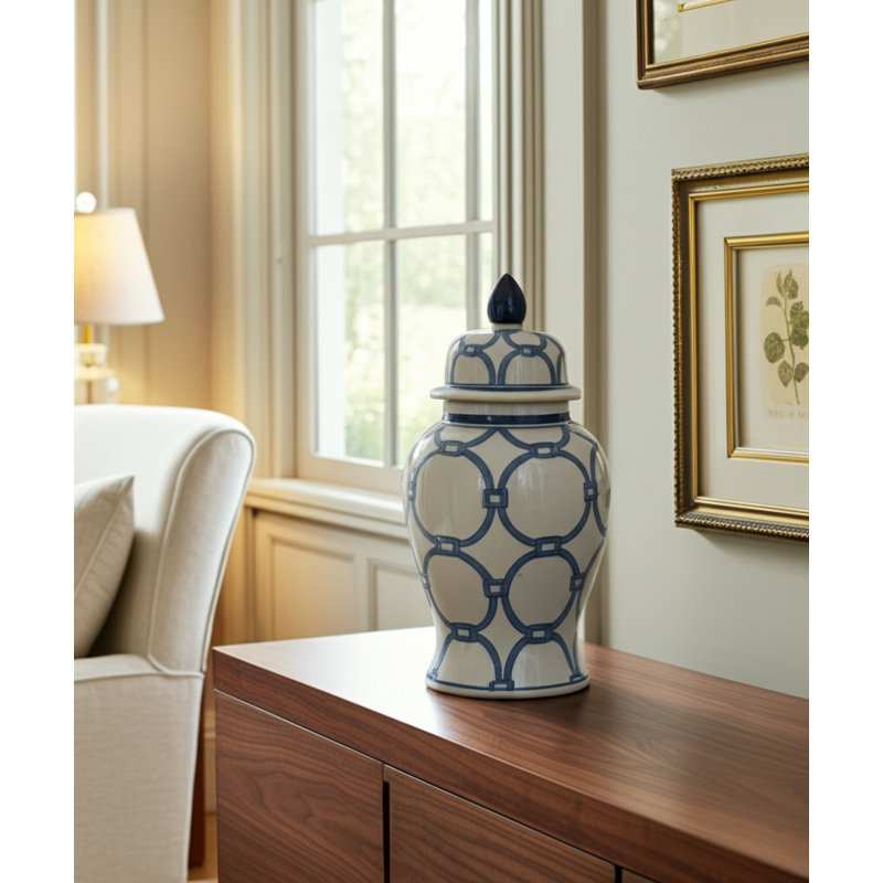 Cinya Stoneware Ceramic Decorative Lidded Jar with Classic Design - Elegant Accent Piece for Home Decor, 14" H x 7" W x 7" D