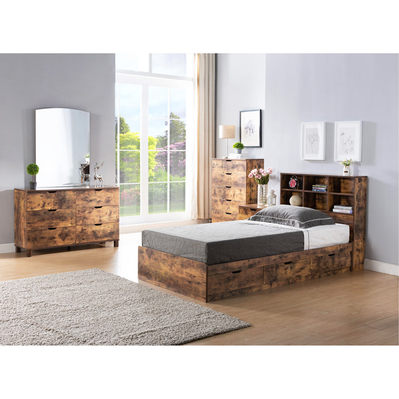 Tête de lit simple à six tablettes avec coins arrondis et tablettes réglables de couleur bois vieilli