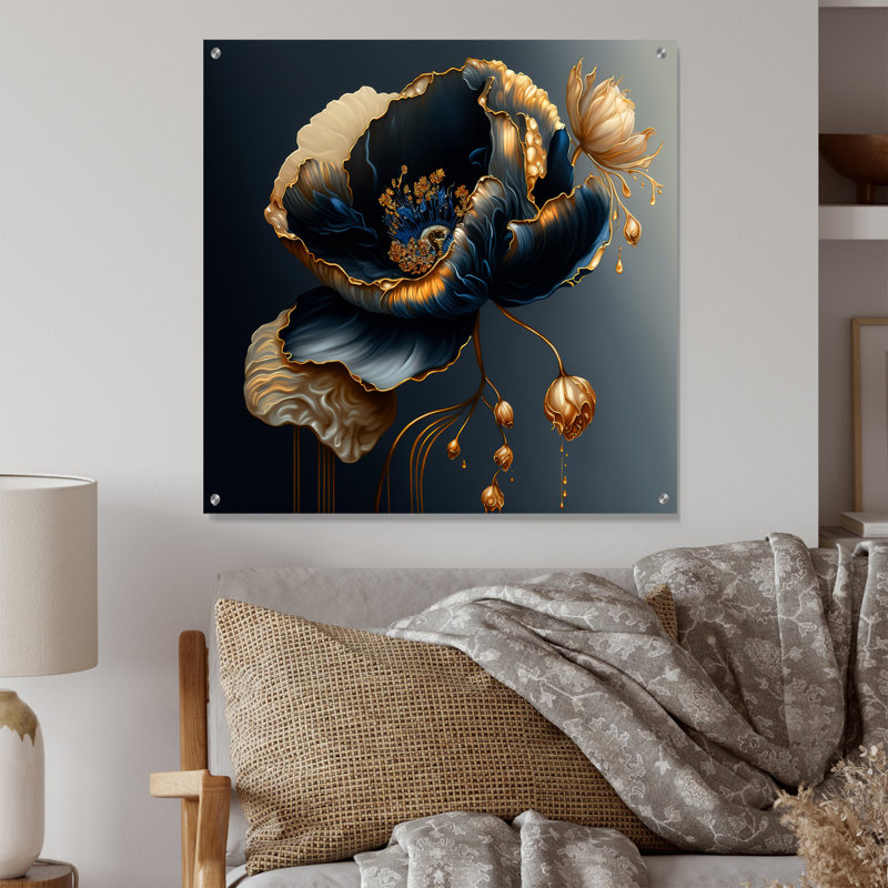 Bleu profond et fleur simple dorée I - décoration murale acrylique florale, H 16 po x l 16 po