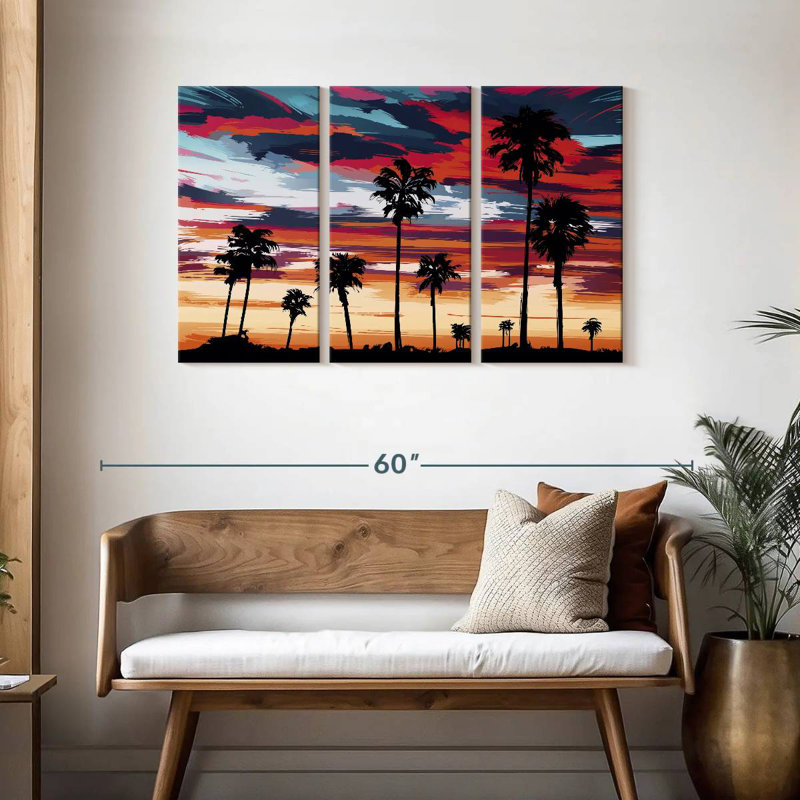Silhouette de palmiers au coucher du soleil, H 28 po x l 45 po