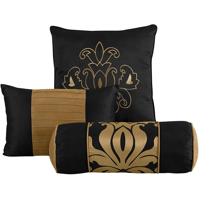 Full Black and Gold Jacquard Floral Comforter Set