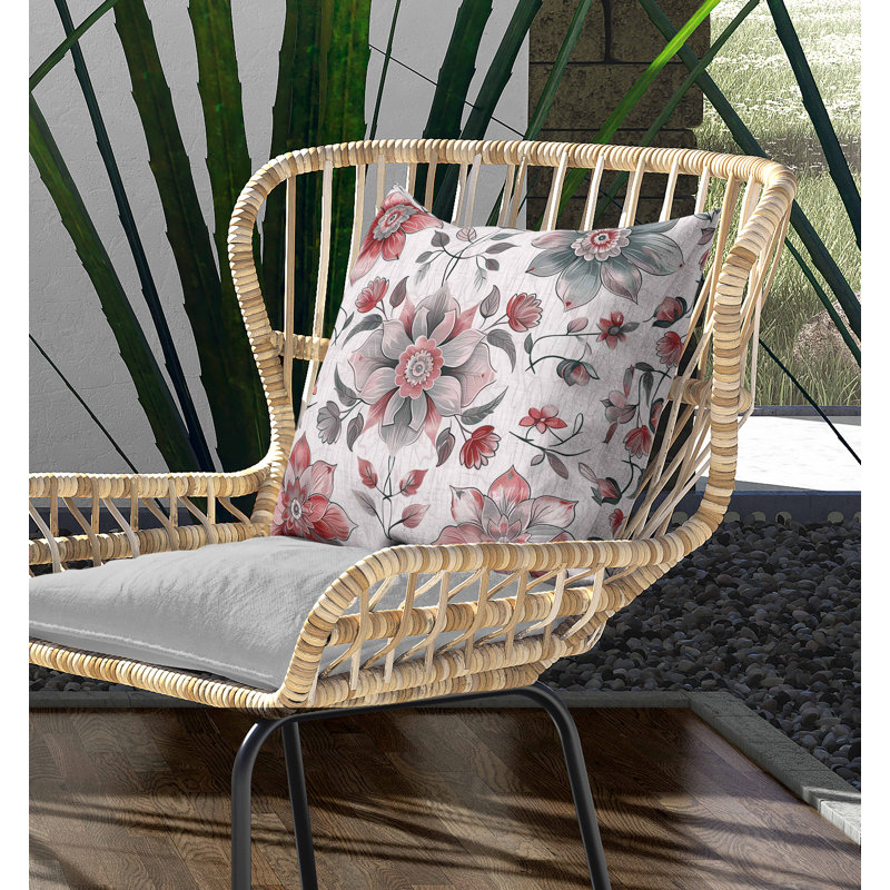 Coussin intérieur / extérieur Retro Floral, Carré 16 po, Vert / rouge / rose / gris