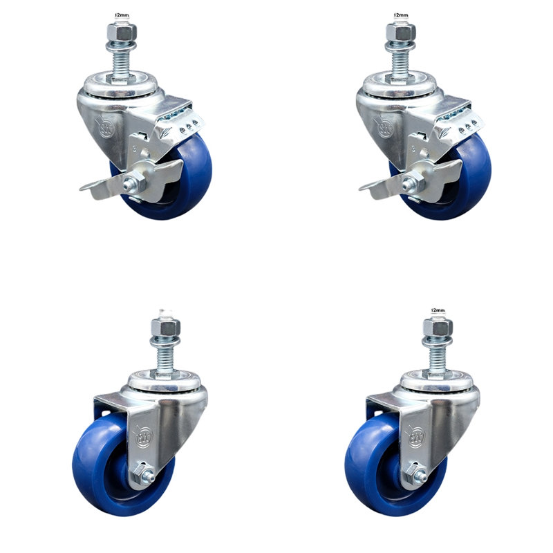 Ensemble de roulettes à tige filetée en polyuréthane 3 pouces pivotant 12 mm 2 freins
