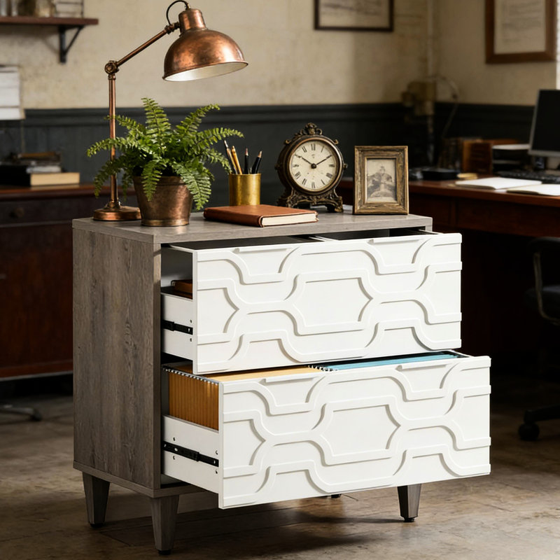 Classeur 2 tiroirs, armoire de rangement spacieuse, Gris / Blanc
