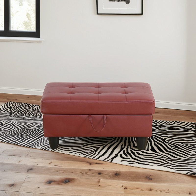 Repose-pieds rectangulaire avec rangement en similicuir de 35 po, Similicuir rouge, Noir