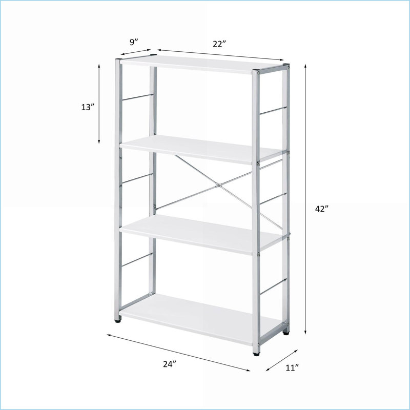 Bibliothèque, cadre minimaliste moderne ivoire blanc chrome à 4 niveaux, 22 x 9 x 13 H | Blanc | Métal