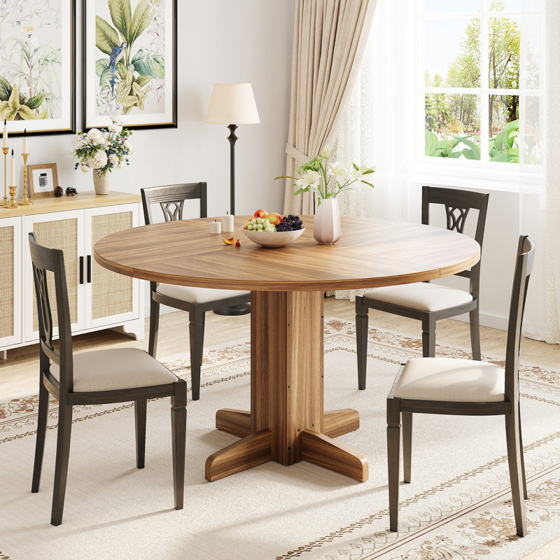 Round Dining Table for 4-6 People, 47" Wood Kitchen Table with Sturdy Pedestal Base, Farmhouse Dinner Tables for Dining Room, Kitchen, Living Room, Brown