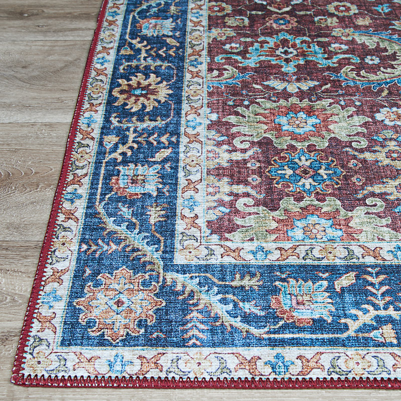 Tapis de cabernet/bleu intérieur tissé à la machine en polyester kerman Hallsville, 9 pi x 12 pi
