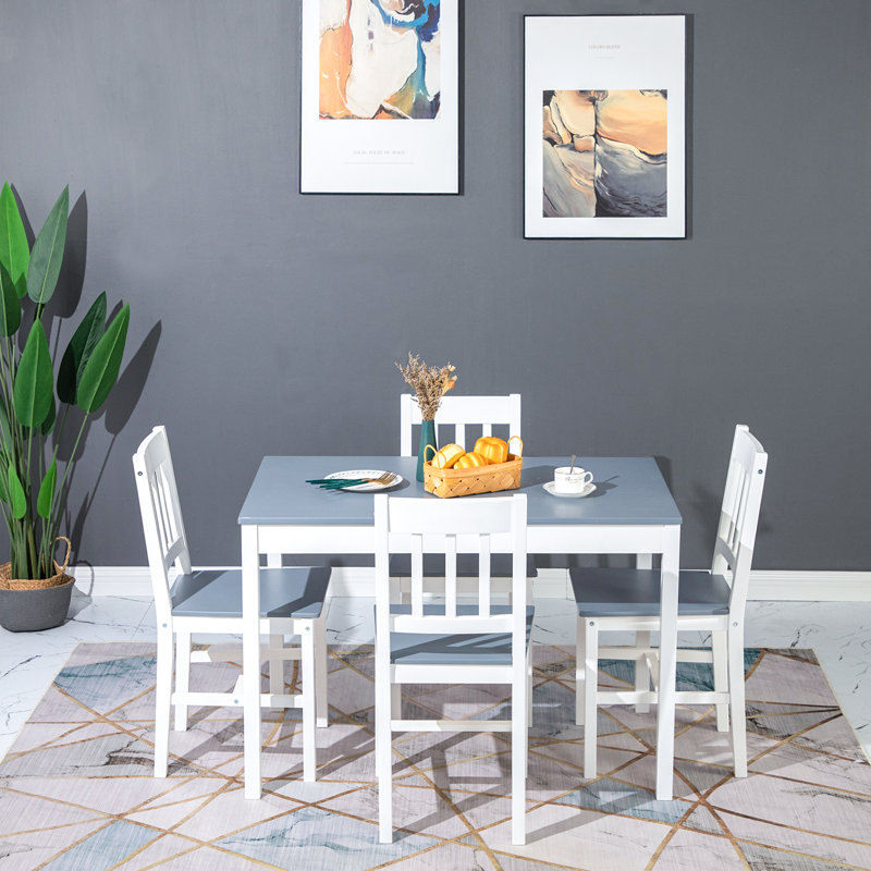 Louise 4 - Person Pine Solid Wood Dining Set, Grey, Grey/White