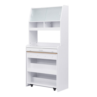 Buffet With Hutch And Foldable Dining Table, Multifunctional Cupboard With Storage Shelf And Side Hooks