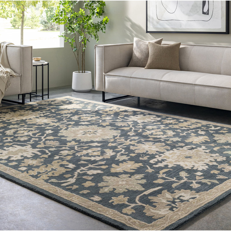 Tapis bleu marine / brun / beige en laine touffeté à la main Arden, Rectangle 4 pi x 6 pi