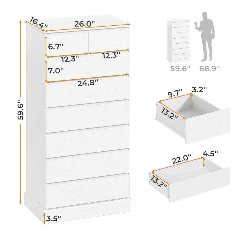 Bedroom Tall Dresser With 8 Drawers, 59.6 Inch Tall Dresser And Chest Of Drawers, Modern Wooden Closet Organizer And Storage, Large Vertical Dresser For Bedroom, Closet, Hallway