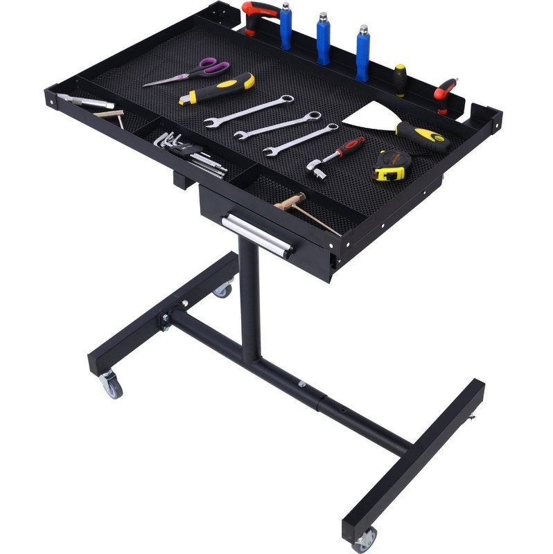 Table de travail réglable en acier robuste robuste avec tiroir, capacité de travail de 220 lb avec 4 roulettes pivotantes de 2,5 po et coins en caoutchouc pour atelier de réparation de bricolage