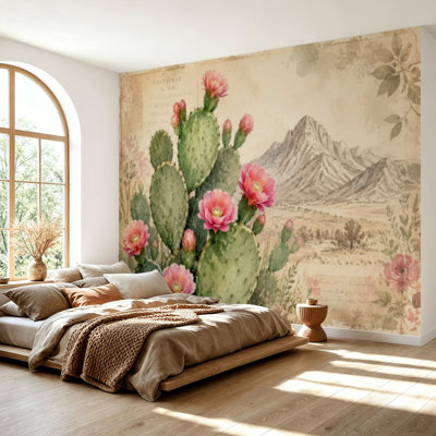 Wall Mural Peel and Stick Wallpaper Blooming Cactus Garden Pink Flowers Vintage western desert Self-Adhesive Removable Contact Paper Wall Decor for Living Room Bedroom 69"H x 96"W