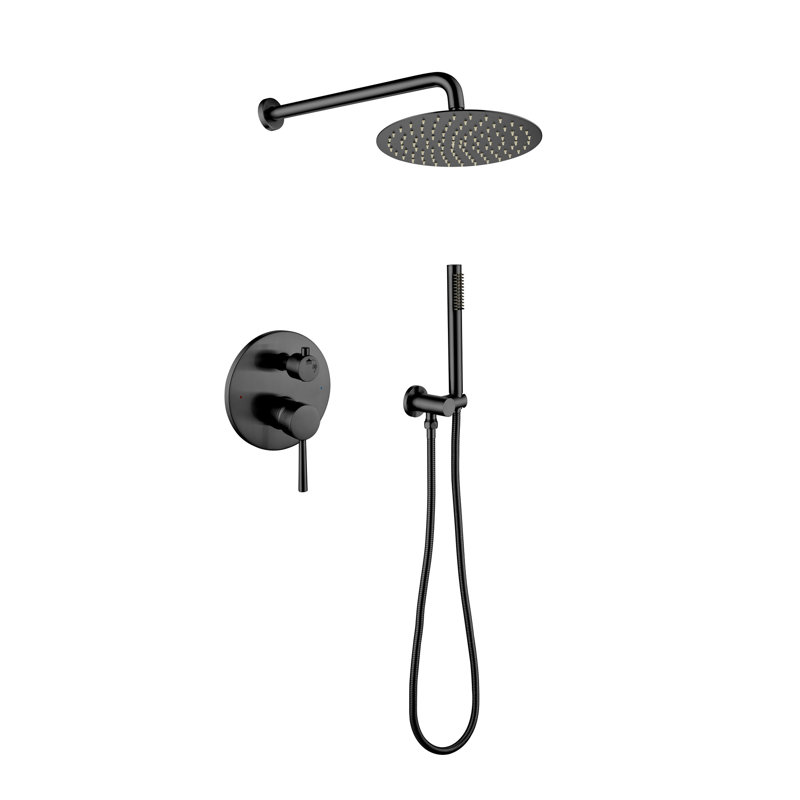 Douche de salle de bain haute matte noire - fixée au mur avec pomme de douche à pluie en acier inoxydable de 10 po et douche à main, ensemble d'équilibrage de valve 2 voies