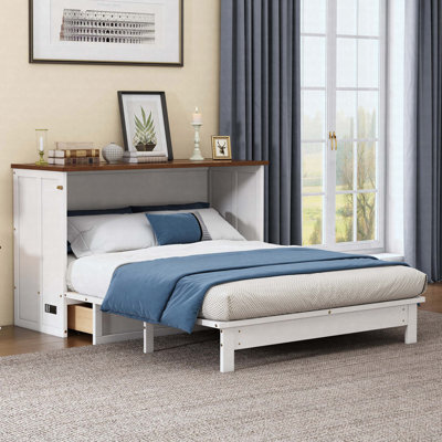 Solid Pine Murphy Bed Chest with Charging Station & Large Storage Drawer – Space-Saving Bed for Home Office or Small Room, White by Lark Manor