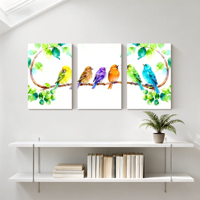 Oiseaux colorés sur une branche avec des feuilles, ensemble de 3 impressions d'art sur toile, H 18 po x l 36 po