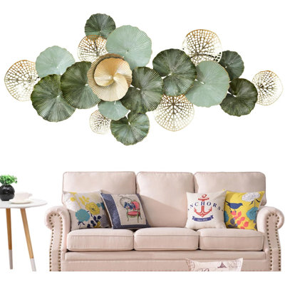 Grande décoration murale en métal de 135 cm (53 po), motif feuille de lotus 3D, sculpture florale extra large de 135 x 63,5 cm (53 x 25 po), décoration moderne pour l'intérieur et l'extérieur, chambre, or et vert