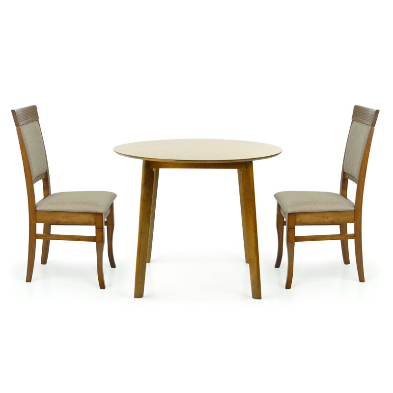 Mattis 3 Piece Dining Set, 2 Classic Style Wood Ronda Chairs W Round Table, Medium Brown Table with Dark Beige Chairs