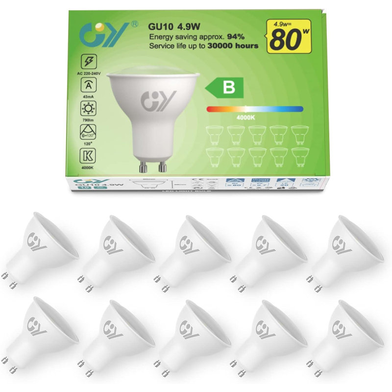 GY GU10 LED Bulb 4.9W 790lm 4000K Energy Saving LED Bulb,The New UK Energy Efficiency Class B Replaces 80W, 110°Beam Angle Non-Dimmable, 10 Pack