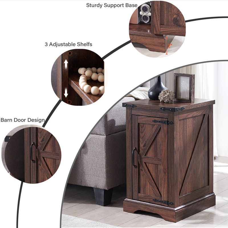 Farmhouse End Table With Charging Station (2 USB Ports, 2 Power Outlets), Wood Nightstand With Adjustable Shelf And Built-In Outlets