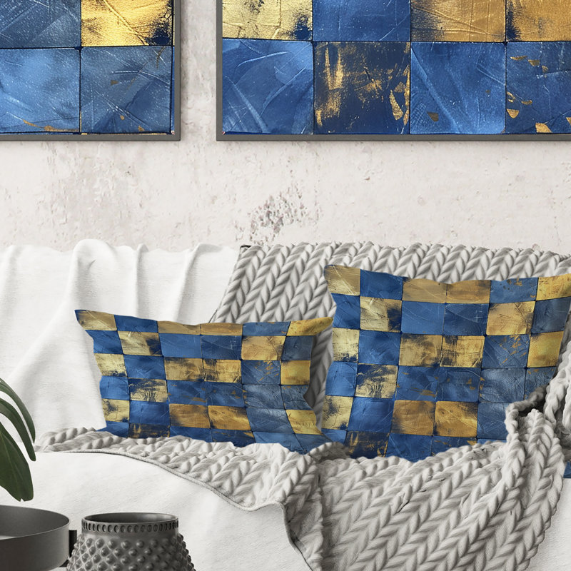 Tuiles cubiques dorées bleues - Coussin décoratif, H 12 po x l 20 po, Forme rectangulaire