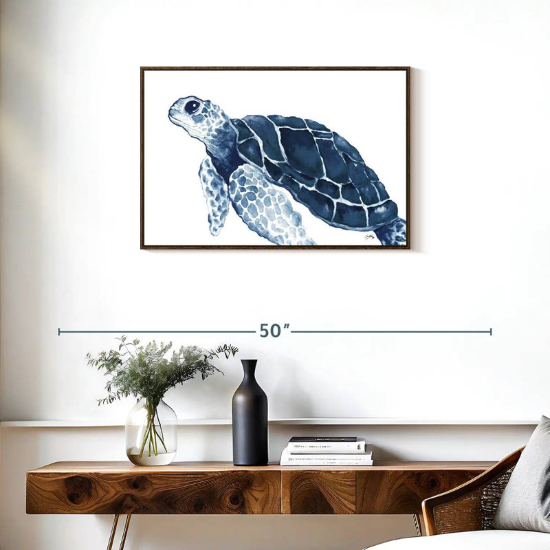 Tortue dans les bleus, Cadre flottant noyer, 31 po x 21 po