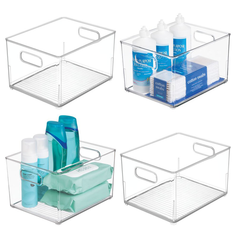 Small Stackable Plastic Bathroom Storage Bin with Handles - Organizer Bin for Bathroom Countertop or Vanity