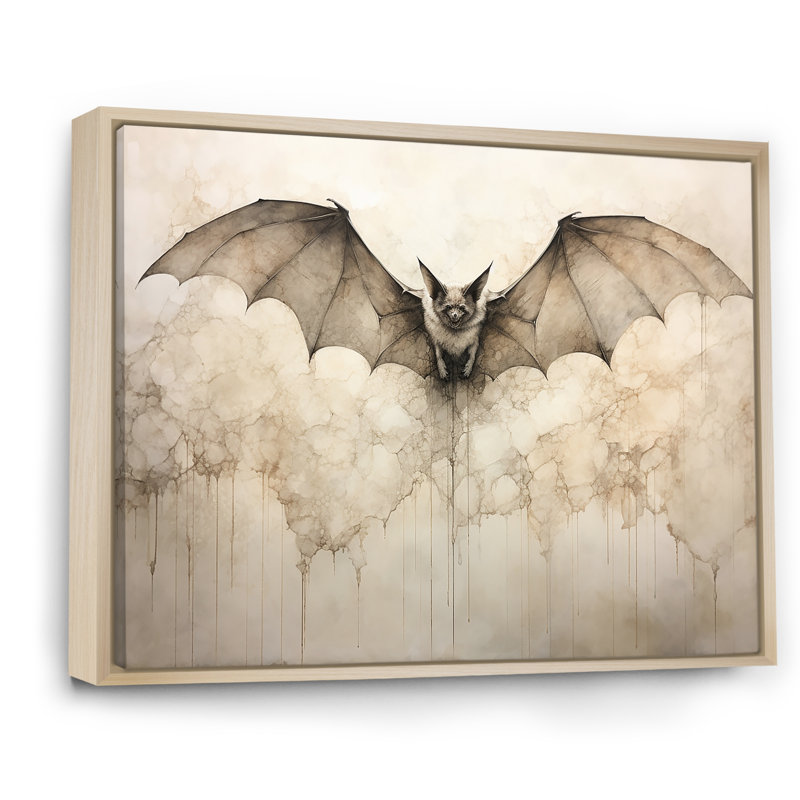 Ailes ouvertes de chauve-souris beiges sur toile, H 12 po x l 20 po x P 1 po, Cadre naturel flottant
