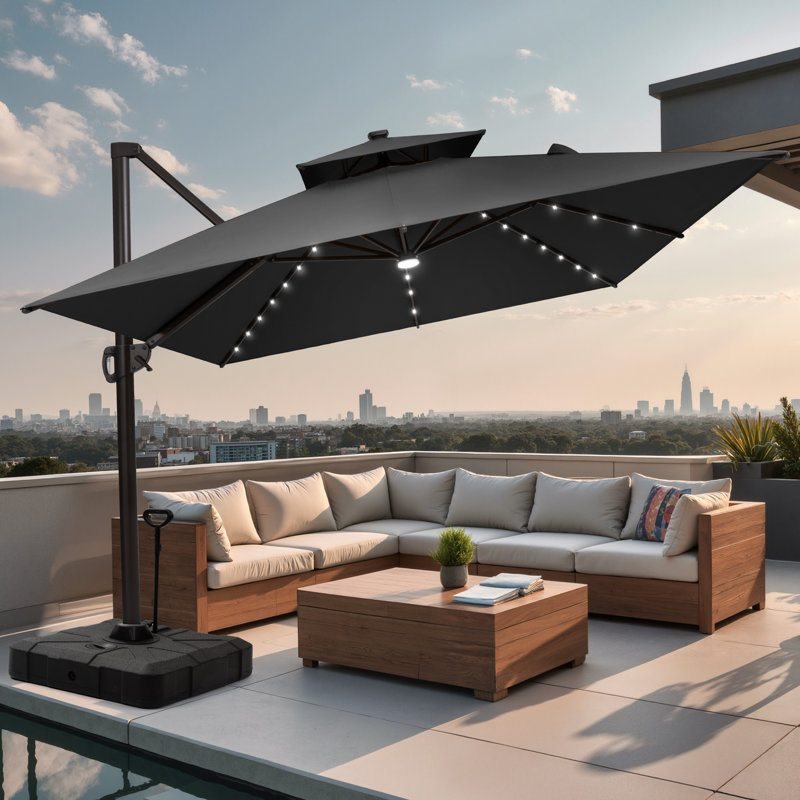 Parasol extérieur rectangulaire en porte-à-faux à DEL 128 po x 104 po avec base Easy-Move | Mobilité d'une personne, Noir