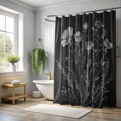 Floral Black White Patterns - 1 Piece Standard Shower Curtain