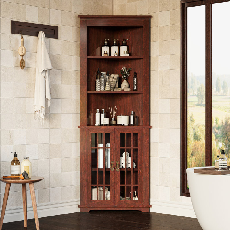 71.3'' Tall Corner Cabinet, Mid Century Storage Cabinet With Glass Doors & Adjustable Shelf, Bathroom Storage With 3 Open Shelf, Home Space Saver For Bathroom, Living Room, Kitchen, Red Walnut